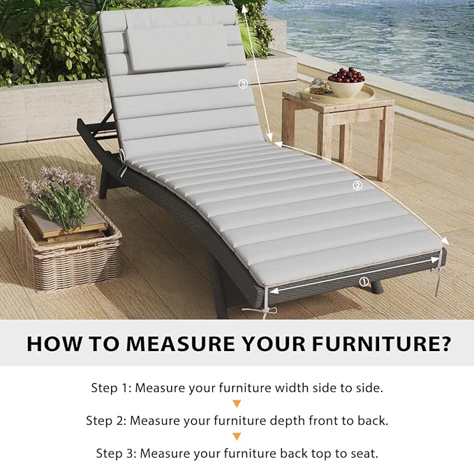 Sundale Outdoor Olefin Quilted Lounge Cushion Set of 4, Patio Foldable Chaise Lounger Cushion, Water-Resistant Lounge Chair Pad with Straps Light Gray, 80 x 26 inches