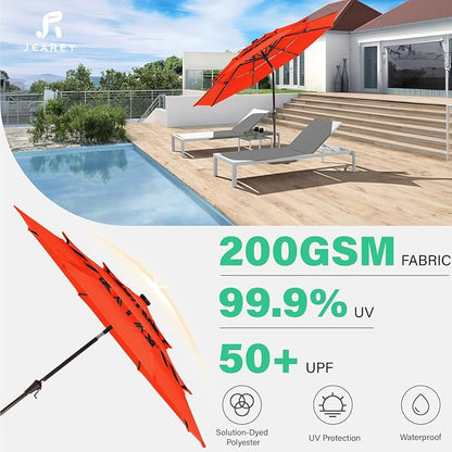 JEAREY 3 Tiers Patio Umbrella with Solar Lights 9ft Outdoor Market Table Umbrellas with Push Button Tilt for Outside Pool Garden, Orange | Solar Market Table Umbrella with 8 Sturdy Ribs, UV Protection Waterproof Sunproof for Garden, Deck and Backyard