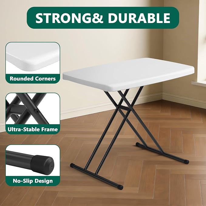 30in Folding Table, Portable Picnic Table with Adjustable Height, Foldable TV Tray Table & Laptop Desk for Small Spaces, Patio, Camping, BBQ, No Assembly Needed, White