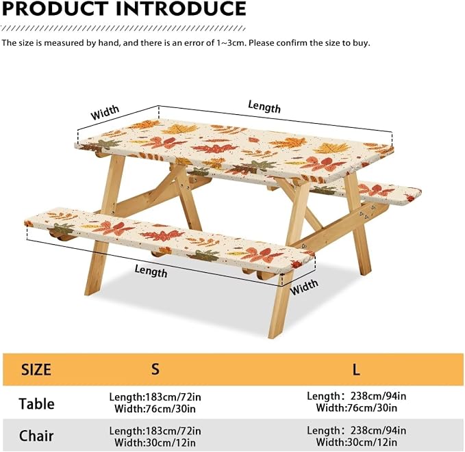 Picnic Table Cover for Outdoor Camping Maple Leaf Print Elastic Fitted Table Cloth for Camping Party Supplies 3 PCS Set