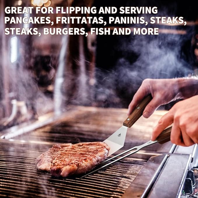 GRILLGEN Heavy Duty Griddle Accessories Kit, Flat Top Grill Accessories Set with Full-Tang Rosewood Handles, Stainless Steel Spatula Set with Santoku Knife for Smash Burger, Hibachi, Camping & BBQ