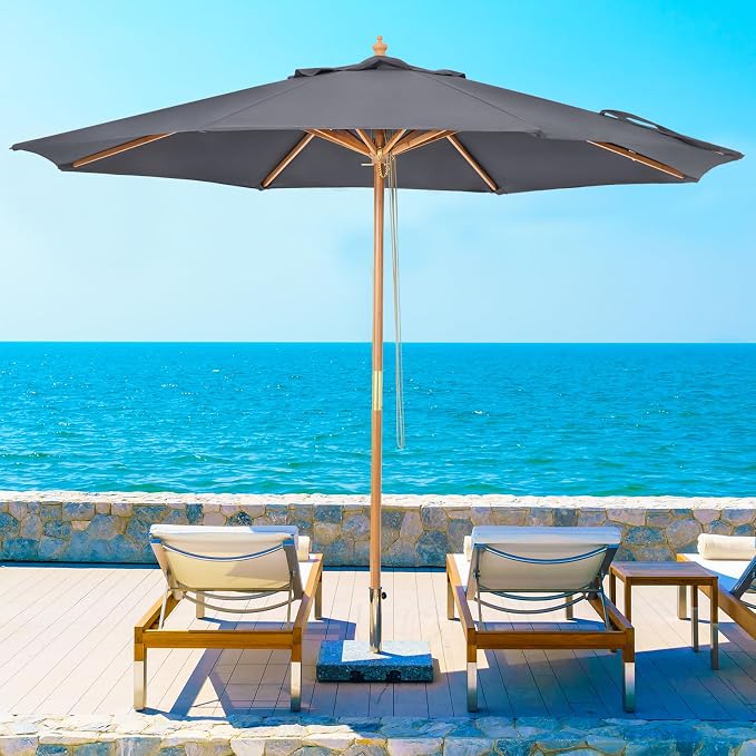 9ft Wooden Umbrella, Outdoor Patio Umbrella, Wood Market Umbrella, Patio Umbrella Wood Pole with Pulley Lift for Garden, Yard, Deck, Pool, Market