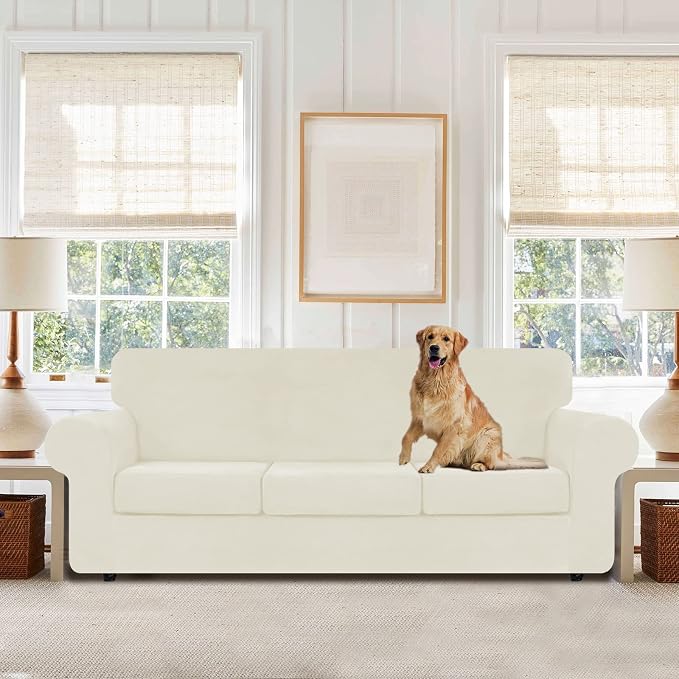 WEERRW 4 Pieces Couch Cover for Sofa Velvet Sofa Covers Washable, Ivory | Sofa Covers for 3 Cushion Couch Furniture Protector Sofa Slipcovers with Non Slip Elastic Bottom, Pet Friendly, Large