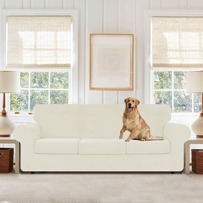 WEERRW 4 Pieces Couch Cover for Sofa Velvet Sofa Covers Washable, Ivory | Sofa Covers for 3 Cushion Couch Furniture Protector Sofa Slipcovers with Non Slip Elastic Bottom, Pet Friendly, Large