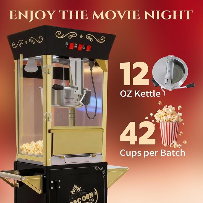 12 Oz Popcorn Machine with Cart, Vintage Movie Theater Style Professional Cart with 4 Cups & 1 Scoop, Pop Corn Popper for Home Theater, Parties, Events, Black