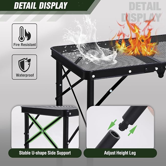 REDCAMP Triple Foldable Grill Table, 34x16 Inches Outdoor Camping Table | 3 Heights Adjustable, Lightweight Metal Frame, Portable Foldable Design, For Picnic BBQ Cooking Outdoor Use