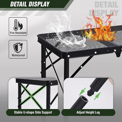 REDCAMP Triple Foldable Grill Table, 34x16 Inches Outdoor Camping Table | 3 Heights Adjustable, Lightweight Metal Frame, Portable Foldable Design, For Picnic BBQ Cooking Outdoor Use
