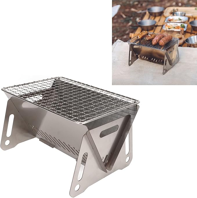 Topyond Foldable BBQ Grill, Portable Stainless Steel Charcoal Grill with Ventilation Holes, Heat Resistant Campfire Grill for Outdoor Cooking, Camping, Patio Use