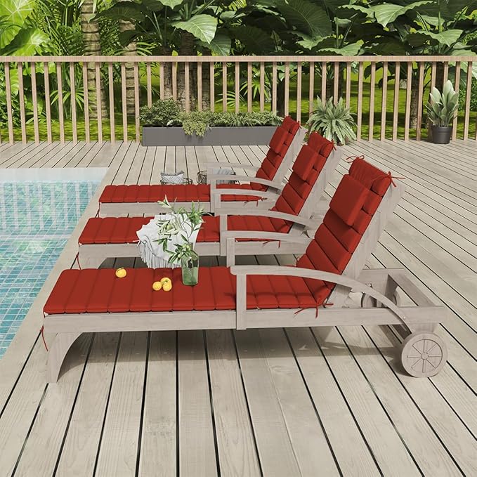Sundale Outdoor Olefin Quilted Lounge Cushion Set of 4, Patio Foldable Chaise Lounger Cushion, Water-Resistant Lounge Chair Pad with Straps Red, 72 x 21 inches