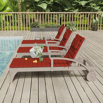 Sundale Outdoor Olefin Quilted Lounge Cushion Set of 4, Patio Foldable Chaise Lounger Cushion, Water-Resistant Lounge Chair Pad with Straps Red, 72 x 21 inches