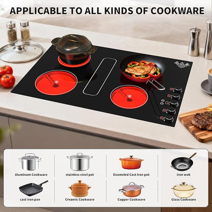 30" Electric Cooktop with Downdraft – 4 Burner 6000W Built-in Electric Stove, BBQ Bridge Burner, Timer, Safety Lock, Recirculating Vent (220V-240V)