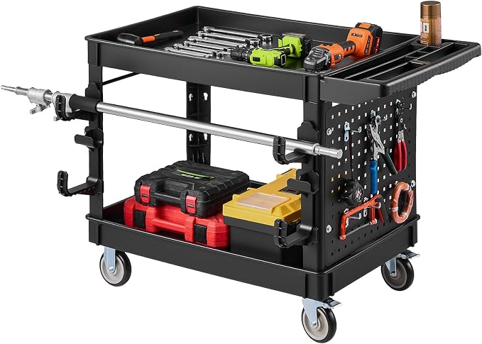 VEVOR Utility Cart with Tray & Pegboard, 44.8 x 24in 2 Tier Service Cart with 360° Swivel & Fixed Wheels (2 Brakes), 550 LBS Work Cart Tub Storage W/Deep Shelves, Tool Storage for Garage Warehouse