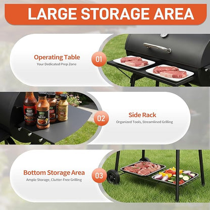 VINGLI Upgraded Barrel Charcoal Grill with Side Front Tables, Adjustable Charcoal Tray BBQ Grill Outdoor Smoker Grill with Wheels for Party Garden Patio and Backyard Cooking 39''D × 24''W × 46''H