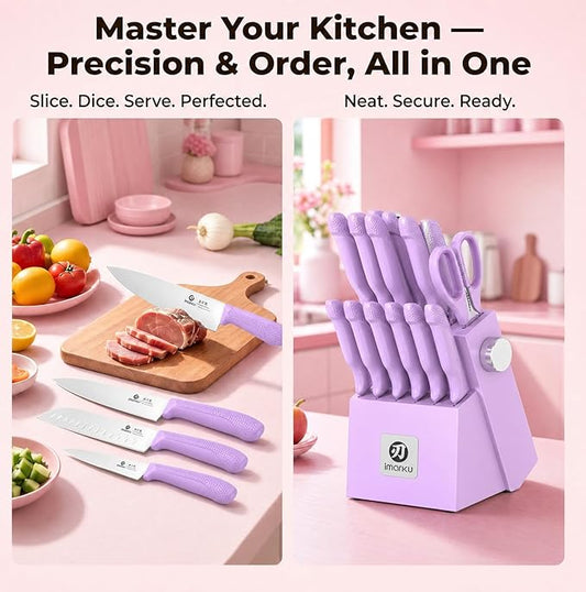 imarku 14-Piece Purple Knife Set with Block – Glides Through Meat, Fish, Veggies & Bread – Standout Color for Stylish Kitchens – Built-in Sharpener – Elegant Gift for Mom, Wife, and Yourself