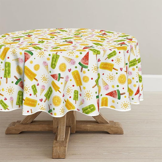 Horaldaily Summer Tablecloth 90 x 90 Inch Round Tropical Popsicle Ice Cream | Orange Sunshine Bamboo Seasonal Washable Table Cover for Party Picnic Dinner Decor