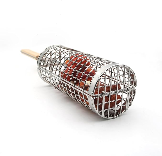 2 Pcs Rolling Grill Baskets for Outdoor Grill Accessories, BBQ Grilling Basket for Vegetables Shrimp Kebob, Thickened Stainless Steel Mesh, Split-Body Design, Perfect Grill Gift for Men, Dad, Husband