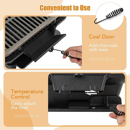 Cast Iron BBQ Grill, Portable Pre-Seasoned Charcoal Grill Stove with Double Sided Grill Grid, Air Control & Coal Door, Indoor Outdoor Hibachi-Charcoal Grill for Camping Picnic Party