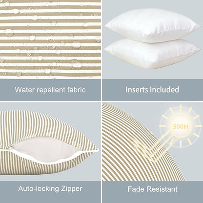 LVTXIII Outdoor/Indoor Throw Pillows, Decorative Patio Accent Pillows, Fluffy Water Repellent Garden Cushions for Home Patio Coach Sofa Use, 16×16 Inch, Pack of 2, Strip Beige