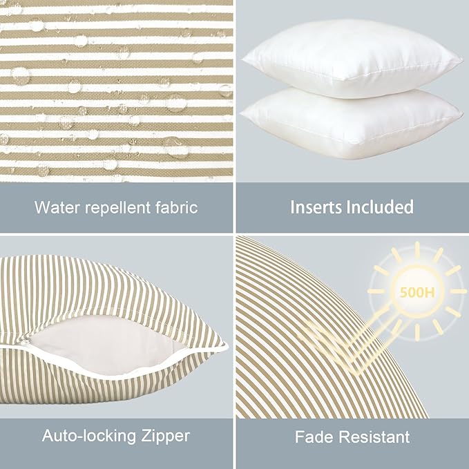 LVTXIII Outdoor/Indoor Throw Pillows, Decorative Patio Accent Pillows, Fluffy Water Repellent Garden Cushions for Home Patio Coach Sofa Use, 20×20 Inch, Pack of 2, Strip Beige