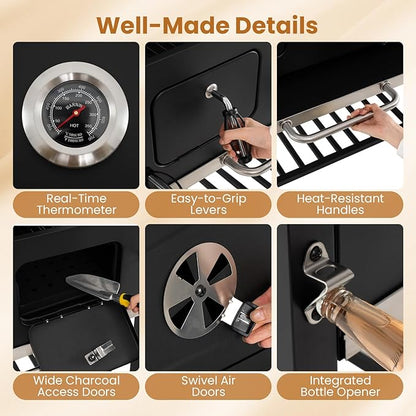 HAPPYGRILL Charcoal Grill, 752 sq.in Oversized Outdoor Smoker BBQ Grill with Individual Lifting Charcoal Trays, Folding Side Tables, Thermometer, Wheels, Bottle Opener & Protective Cover, Black