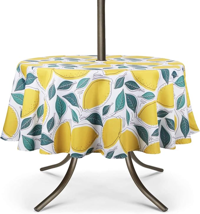 UMINEUX 60" Outdoor Round Tablecloth with Umbrella Hole and Zipper | Spring/Summer Waterproof Round Patio Table Cover for Picnic/BBQ/Garden, Lemon