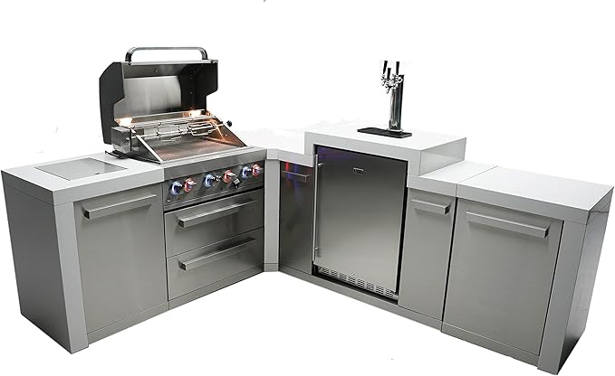 Mont Alpi Premium 82"W x 98"D Deluxe L-shaped Stainless Steel Outdoor Kitchen Island + Kegerator Beer Dispenser Refrigerator + 32"W 4-Burner BBQ Grill + Granite Countertops + Storage Cabinets + Cover