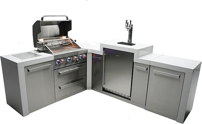 Mont Alpi Premium 82"W x 98"D Deluxe L-shaped Stainless Steel Outdoor Kitchen Island + Kegerator Beer Dispenser Refrigerator + 32"W 4-Burner BBQ Grill + Granite Countertops + Storage Cabinets + Cover