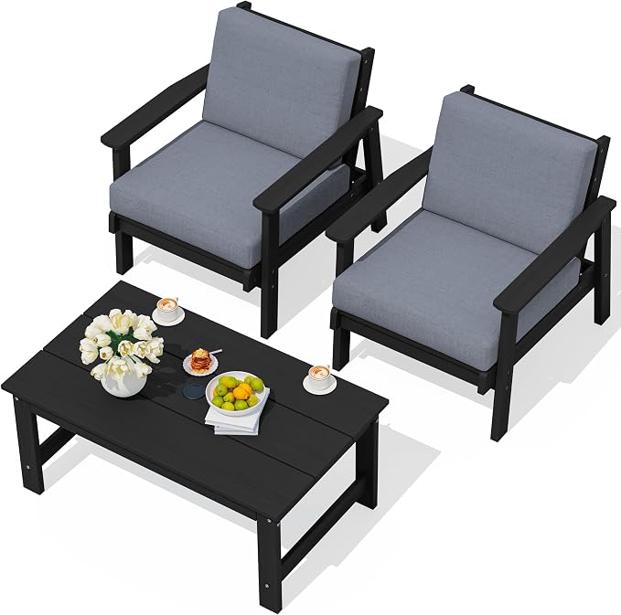 SERWALL HDPE Outdoor Couch, Black Frame and Grey Cushion