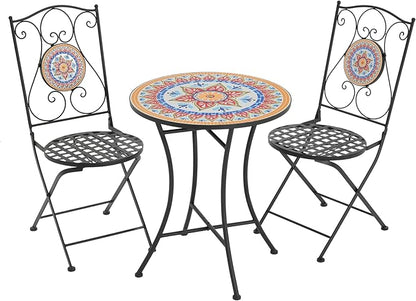 Christopher Knight Home Dorin Patio Ceramic Tile and Iron Frame Bistro Set, 2-Seater Round Top Table+Chairs Set for Garden/Balcony, Poolside, Foldable Chat Set with Iron Mesh Seating Design, Black+Red
