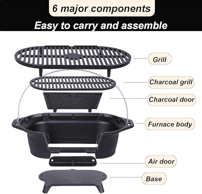 Cast Iron HibachiGrill Outdoor, Portable Cast Iron Charcoal Grill with Adjustable Air Vents - Compact for Outdoor Camping, Backyard BBQ, Picnics & Tailgating (Rectangle)