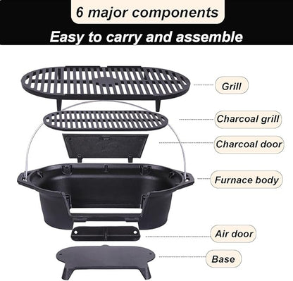 Cast Iron HibachiGrill Outdoor, Portable Cast Iron Charcoal Grill with Adjustable Air Vents - Compact for Outdoor Camping, Backyard BBQ, Picnics & Tailgating (Rectangle)