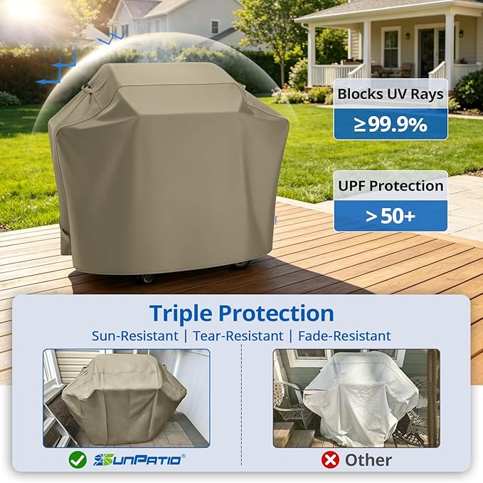 SunPatio Grill Cover 55 Inch for Outdoor Grill, Heavy Duty BBQ Cover with Waterproof Sealed Seam, FadeStop Material, All Weather Resistant Compatible for Weber CharBroil Nexgrill and More, Taupe
