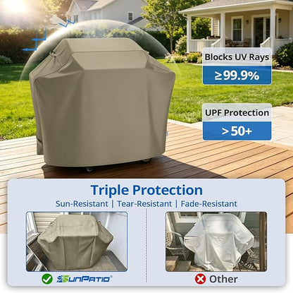 SunPatio Grill Cover 55 Inch for Outdoor Grill, Heavy Duty BBQ Cover with Waterproof Sealed Seam, FadeStop Material, All Weather Resistant Compatible for Weber CharBroil Nexgrill and More, Taupe