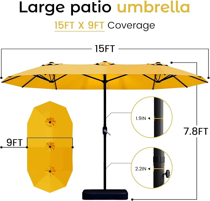 DomeShade 15FT Double-Sided Patio Umbrella with Base,Large Outdoor Rectangular Market Umbrella with Stand & Crank Lift,UV-Resistant Outside Umbrella for Garden,Poolside,Lawn,Deck,Yellow