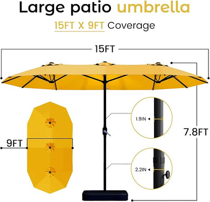 DomeShade 15FT Double-Sided Patio Umbrella with Base,Large Outdoor Rectangular Market Umbrella with Stand & Crank Lift,UV-Resistant Outside Umbrella for Garden,Poolside,Lawn,Deck,Yellow