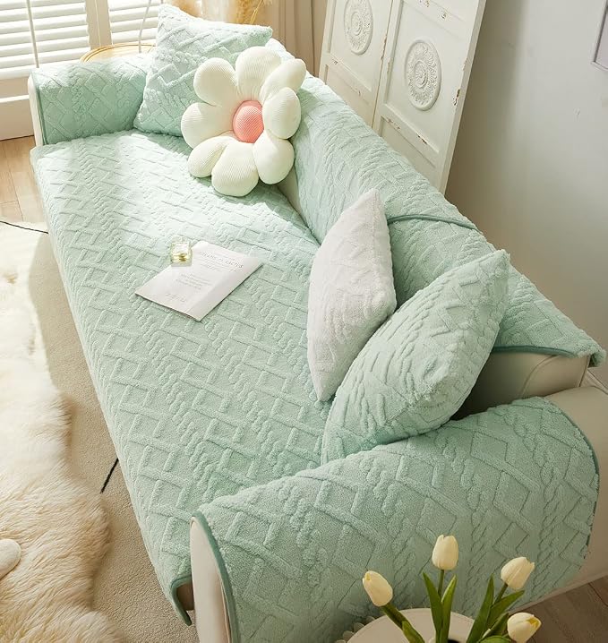vctops Geometric Jacquard Plush Sofa Couch Covers Farmhouse Neutral Non Slip Sectional Couch Cover Soft Warm Sofa Slipcover for Dogs, Children, Pets Furniture Protector (Green,28"x35")