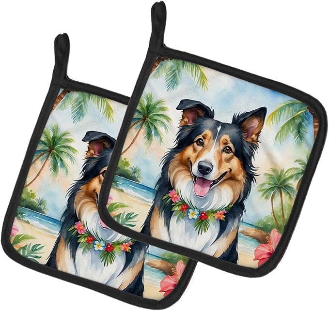 Caroline's Treasures Collie Luau Pair of Pot Holders Kitchen Heat Resistant Pot Holders Sets Oven Hot Pads for Cooking Baking BBQ, 7 1/2 x 7 1/2