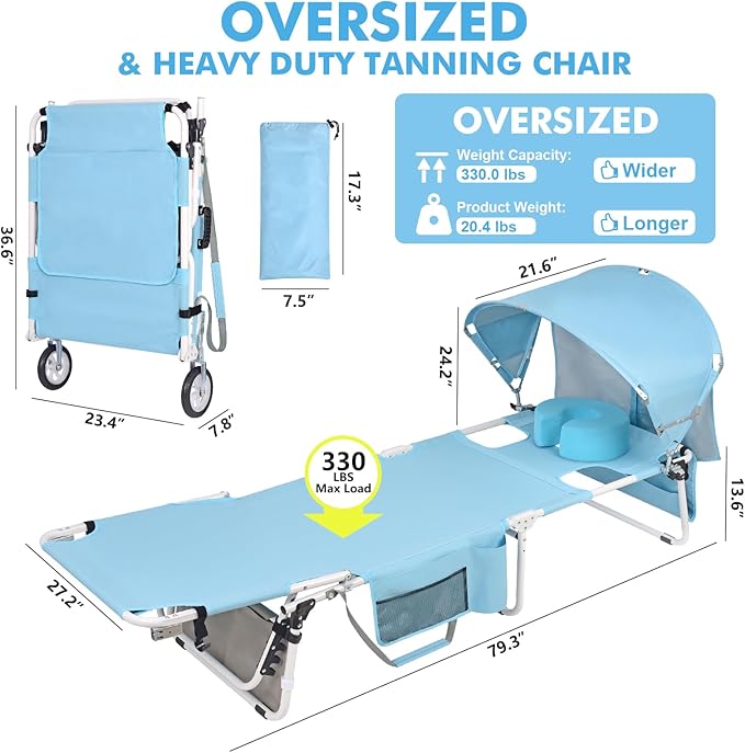 Wheel-To-Go Oversized Tanning Chair with Face Hole & Wheels | Portable Heavy Duty Folding Lounge Chair | Outside Sunbathing Reading Relaxing Beach Poolside Lawn | XL Wide | 330 LBS (Patent Design)