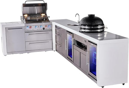 Mont Alpi Premium 4-Burner 82"x146" L-Shaped Deluxe Stainless Steel Modular Outdoor Kitchen Island BBQ Grill + Beverage Center Faucet & Sink + Refrigerator + Kamado Module + Storage Drawers & Cabinets