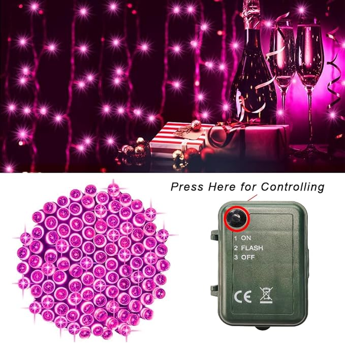 Pooqla Pink String Lights Battery Powered, 2 Pack Total 33 FT 100 LED Pink Valentines Day String Lights for Indoor Outdoor Decoration, Twinkle Fairy Light for Valentines Day Decorations