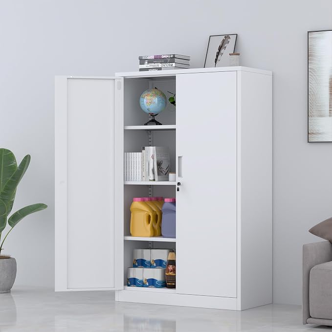 Metal Storage Cabinet with Locking Doors and 3 Adjustable Shelves, 53.5-Inch Tall Lockable Steel Storage Cabinets for Home Office Garage Pantry (White)
