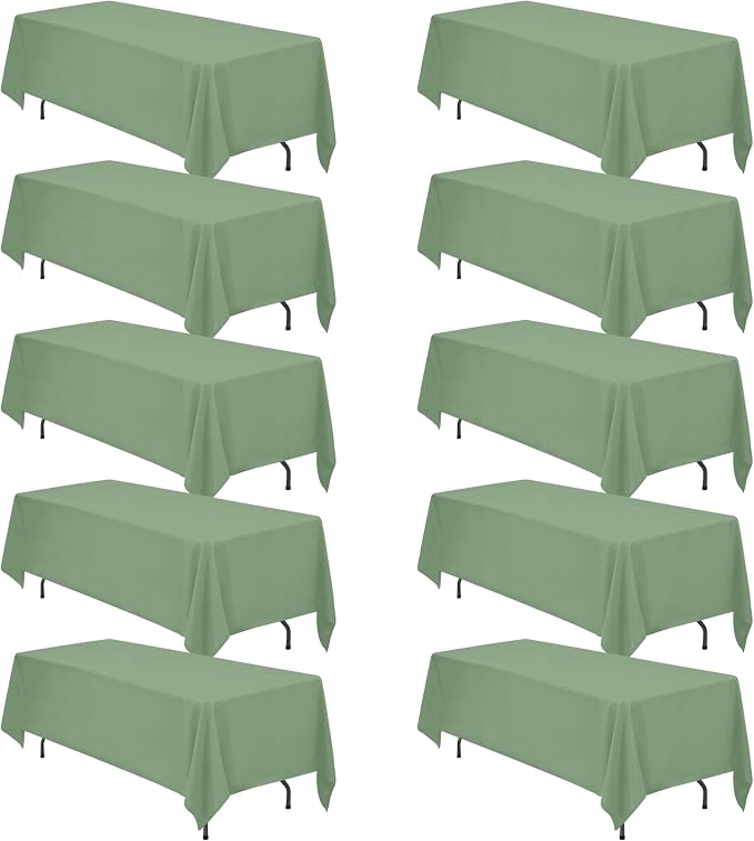 BRILLMAX 10 Pack Sage Green Tablecloths 70x120 in for 6-8ft Rectangle Table | 150 GSM Polyester Fabric, Universal Fit, Water, Stain & Wrinkle Resistant Cloth Cover for Wedding Reception Banquet Party