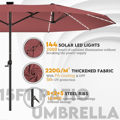 GDPFN 15ft Large Patio Umbrella with Solar Lights, Outdoor Double-Side Rectangular Umbrella, Backyard Pool Umbrella with LED Light for Deck, Outside, Market, Burgundy (Base Not Include)