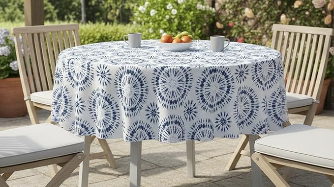Newbridge Blue Tie Dye Vinyl Tablecloth, 70 Inch Round – Flannel Backed Blue and White Table Cover for Dining, Picnics, BBQs, and Parties