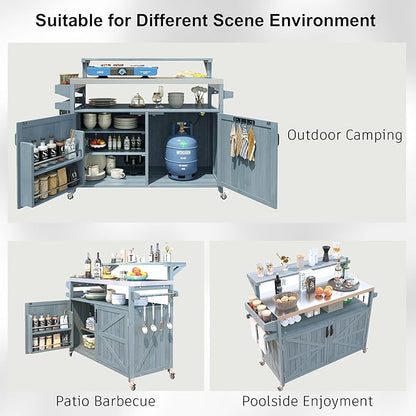 53.3" Outdoor Kitchen Island with Raised Shelf, Solid Wood Rolling Grill Cart with Stainless Steel Top, Storage Cabinet with Internal Racks, Adjustable Shelves & Spice Rack