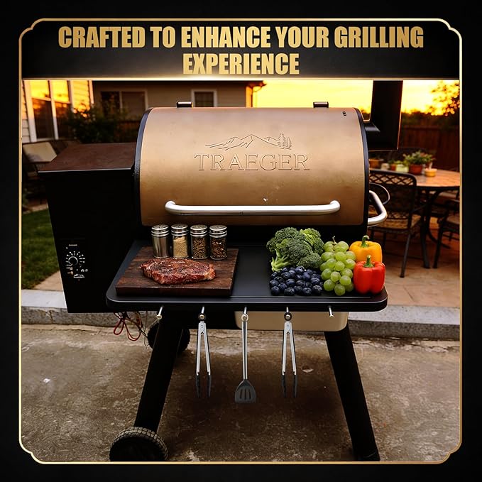 QuliMetal Folding Front Shelf for Traeger Pro 22, Pro 575, Ironwood 650, BAC362, Grill Front Table with Cutting Board, Wash Basin, Lid & 5 Hooks, Steel BBQ Prep Shelf for Food Prep and Storage