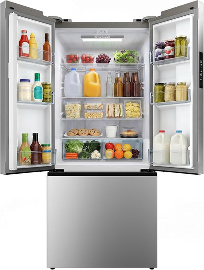18 Cu.Ft French Door Refrigerator with Freezer Drawer – Frost Free, UL Certified, Side by Side Fridge with Door Ajar Alarm & 3 Smart Modes