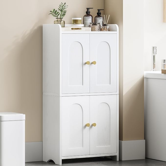 HEXCELEN Small Bathroom Storage Cabinet, Mediterranean, White | 4 Doors, Floor Bathroom Organizer, Freestanding for Small Spaces, Living Room, Kitchen, Entryway