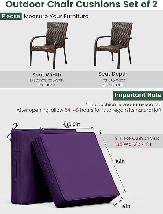 Outdoor Chair Cushion 18.5 x 16 x 4 Inches Patio Furniture Outdoor Waterproof Seat Cushion, Patio Chair Cushion with Handles and Ties, Square Dining Chair Cushion Set of 2, Purple