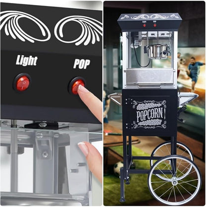 Popcorn Machine with Cart, Popcorn Popper with 8 Oz Kettle Makes Up to 32 Cups, Nostalgia Professional Cart with Warming Deck and Old Maids Drawer, Movie Night Supplies for Home, Black